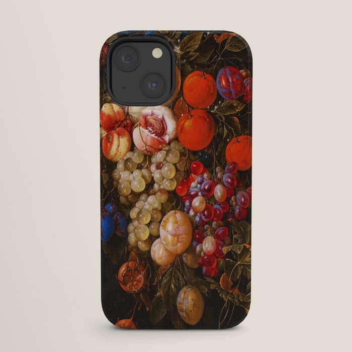 A festoon of fruit hanging from a blue ribbon 1670 still life portrait painting by Cornelis de Heem iPhone Case