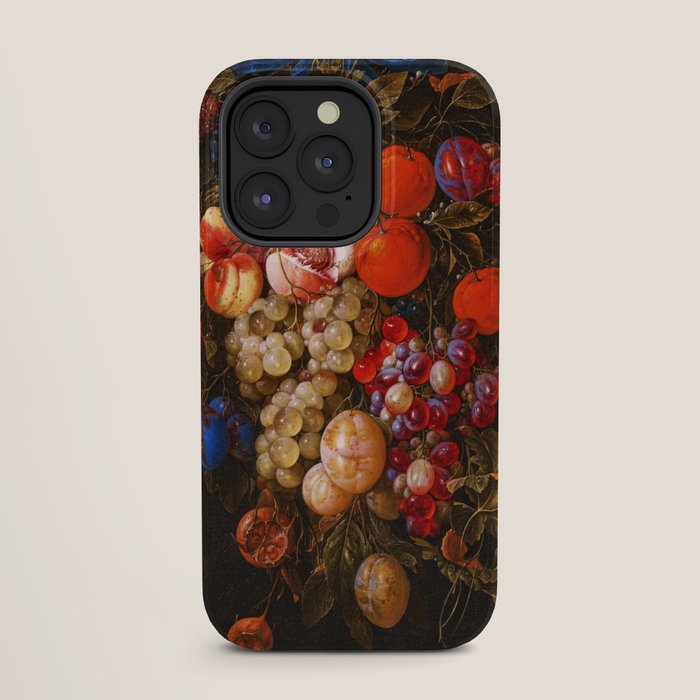 A festoon of fruit hanging from a blue ribbon 1670 still life portrait painting by Cornelis de Heem iPhone Case