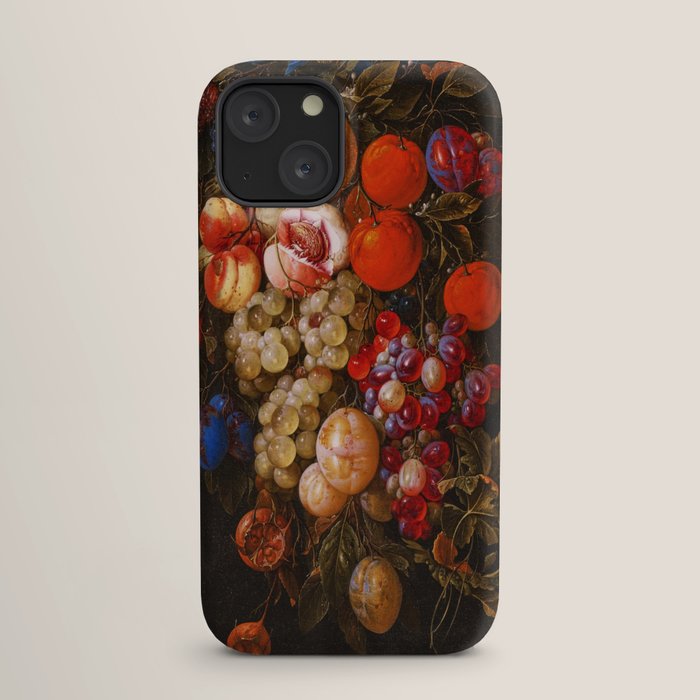 A festoon of fruit hanging from a blue ribbon 1670 still life portrait painting by Cornelis de Heem iPhone Case