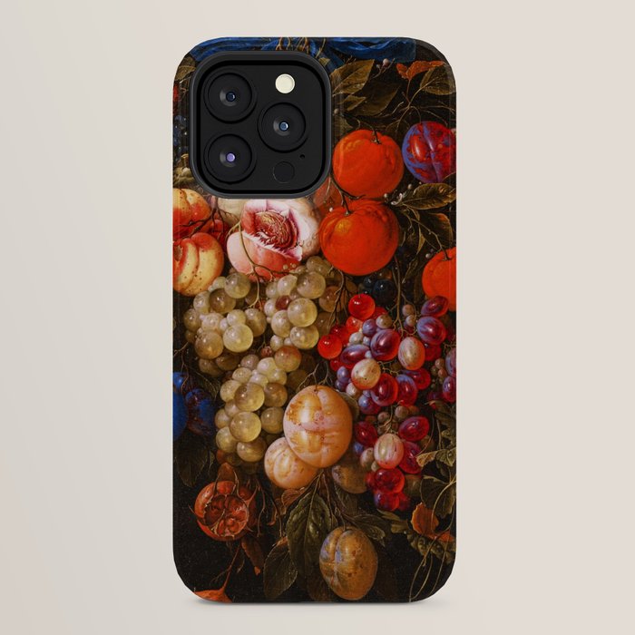 A festoon of fruit hanging from a blue ribbon 1670 still life portrait painting by Cornelis de Heem iPhone Case