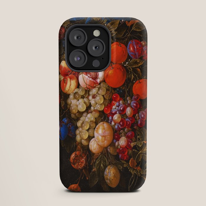 A festoon of fruit hanging from a blue ribbon 1670 still life portrait painting by Cornelis de Heem iPhone Case