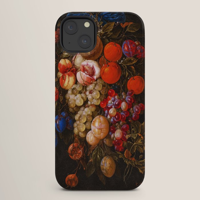 A festoon of fruit hanging from a blue ribbon 1670 still life portrait painting by Cornelis de Heem iPhone Case