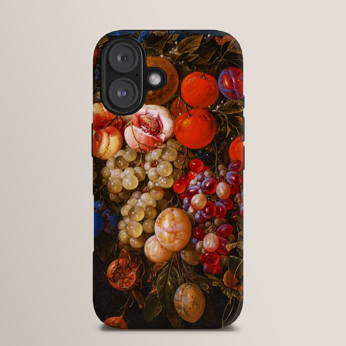A festoon of fruit hanging from a blue ribbon 1670 still life portrait painting by Cornelis de Heem iPhone Case