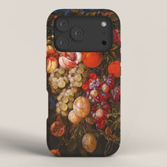 A festoon of fruit hanging from a blue ribbon 1670 still life portrait painting by Cornelis de Heem iPhone Case