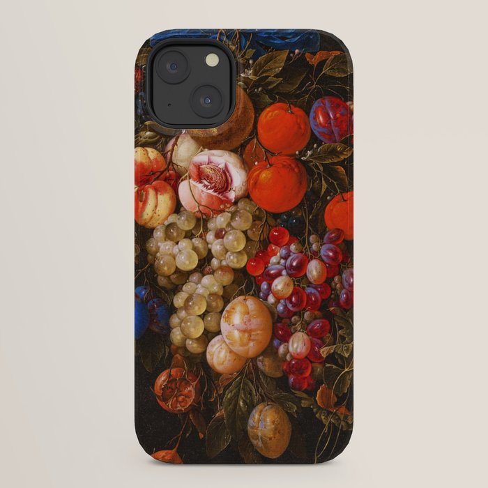 A festoon of fruit hanging from a blue ribbon 1670 still life portrait painting by Cornelis de Heem iPhone Case