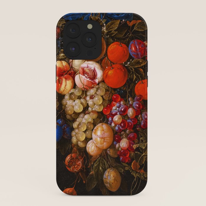 A festoon of fruit hanging from a blue ribbon 1670 still life portrait painting by Cornelis de Heem iPhone Case