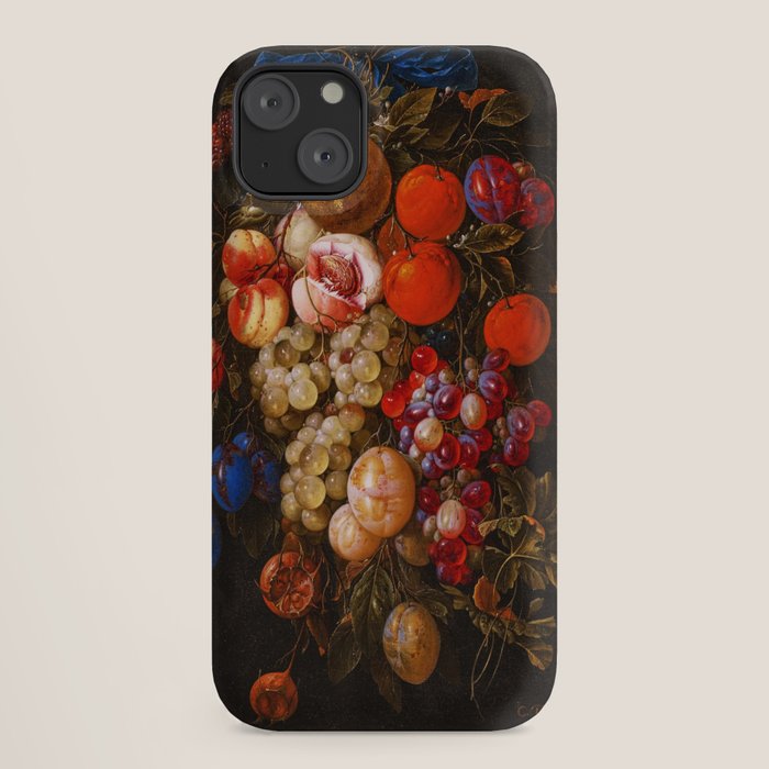 A festoon of fruit hanging from a blue ribbon 1670 still life portrait painting by Cornelis de Heem iPhone Case