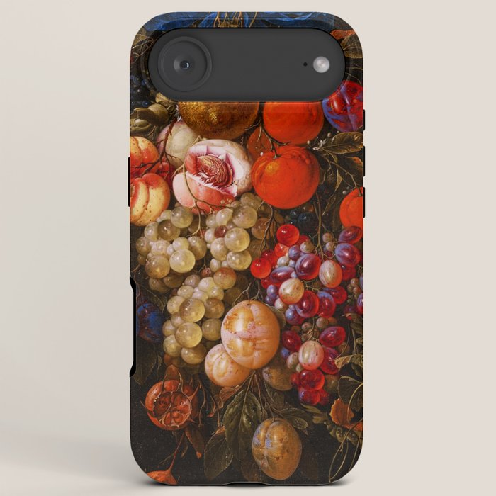 A festoon of fruit hanging from a blue ribbon 1670 still life portrait painting by Cornelis de Heem iPhone Case