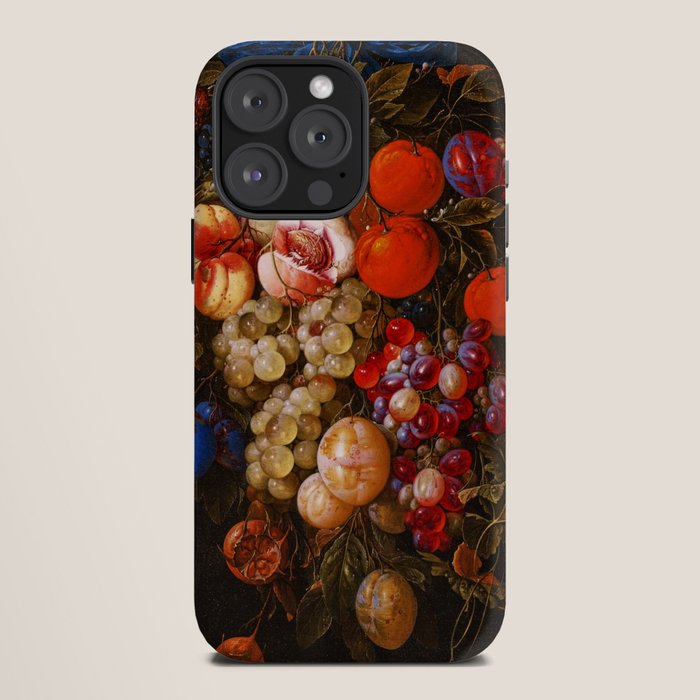 A festoon of fruit hanging from a blue ribbon 1670 still life portrait painting by Cornelis de Heem iPhone Case