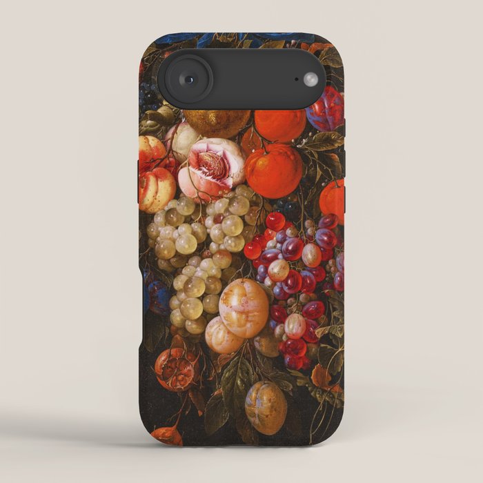 A festoon of fruit hanging from a blue ribbon 1670 still life portrait painting by Cornelis de Heem iPhone Case