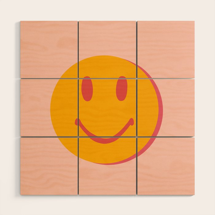 70s retro yellow smile face illustration  Wood Wall Art