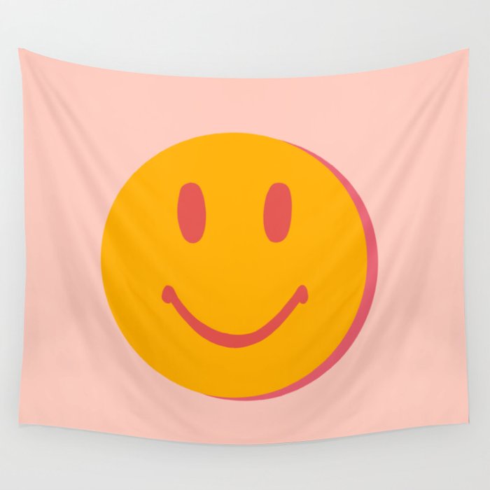 70s retro yellow smile face illustration  Wall Tapestry