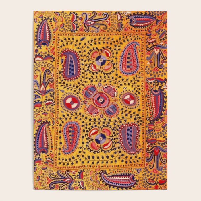 19th Century Uzbekistan Suzani with Gold Background  Poster