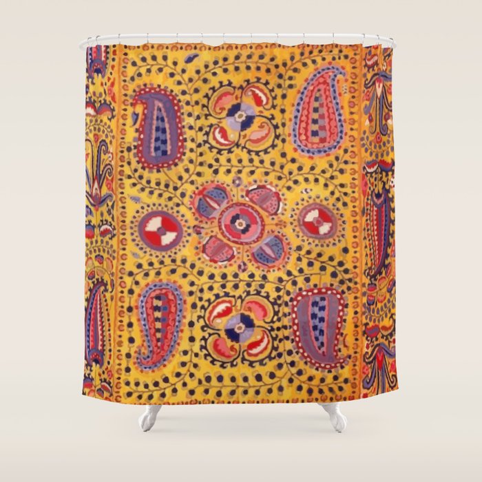 19th Century Uzbekistan Suzani with Gold Background  Shower Curtain