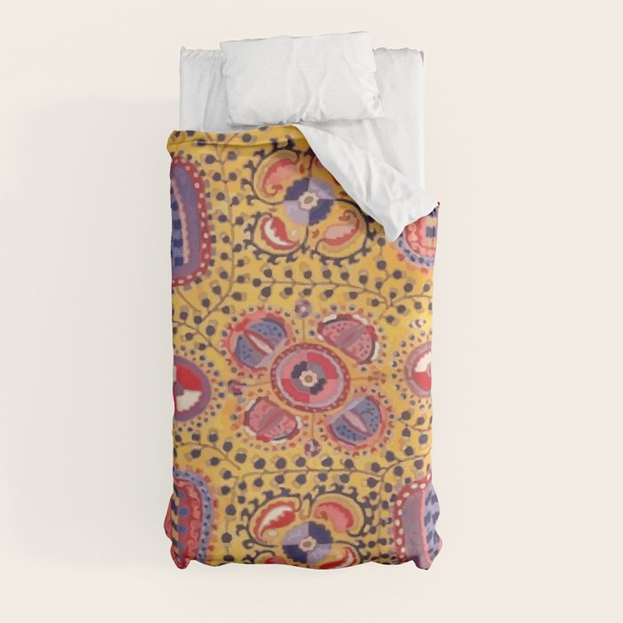 19th Century Uzbekistan Suzani with Gold Background  Duvet Cover