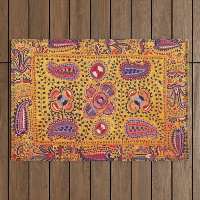 19th Century Uzbekistan Suzani with Gold Background  Outdoor Rug