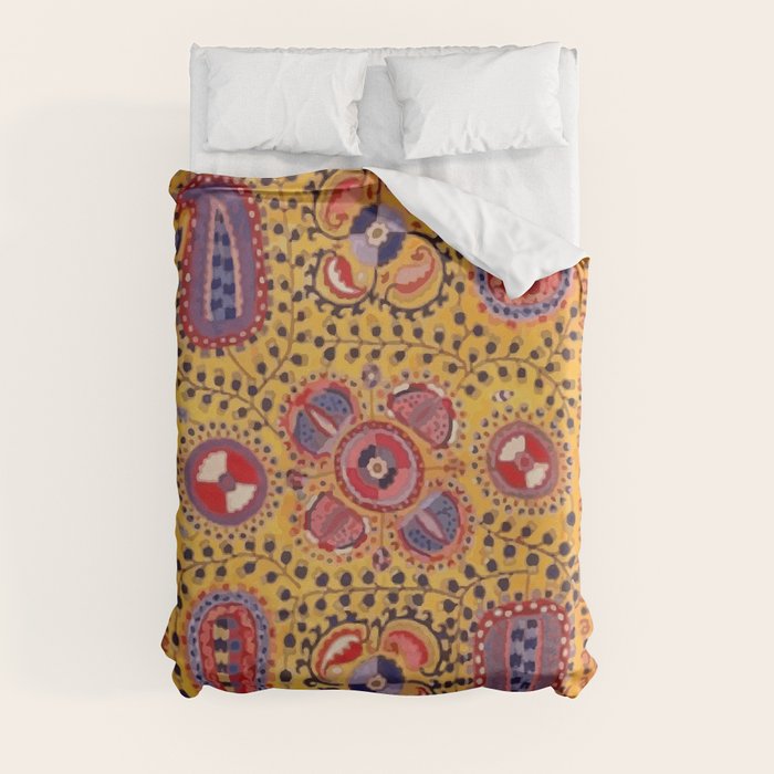 19th Century Uzbekistan Suzani with Gold Background  Duvet Cover
