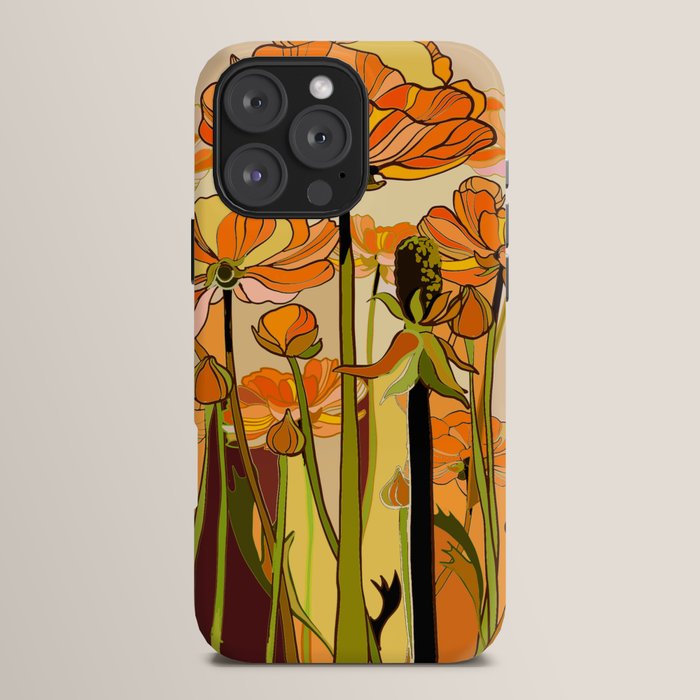 70s, Orange California poppies, mid century, 70s retro, flowers iPhone Case