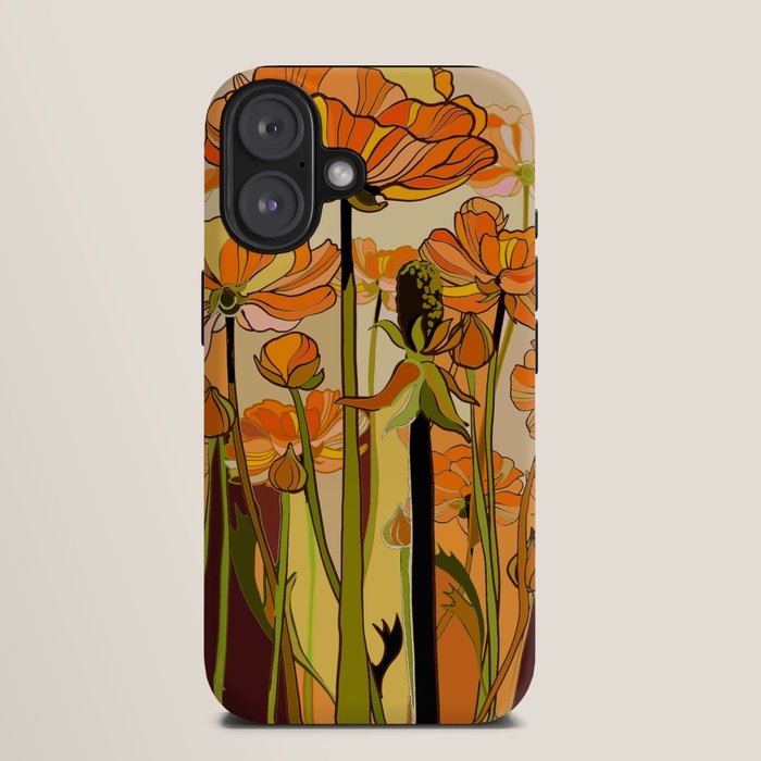 70s, Orange California poppies, mid century, 70s retro, flowers iPhone Case