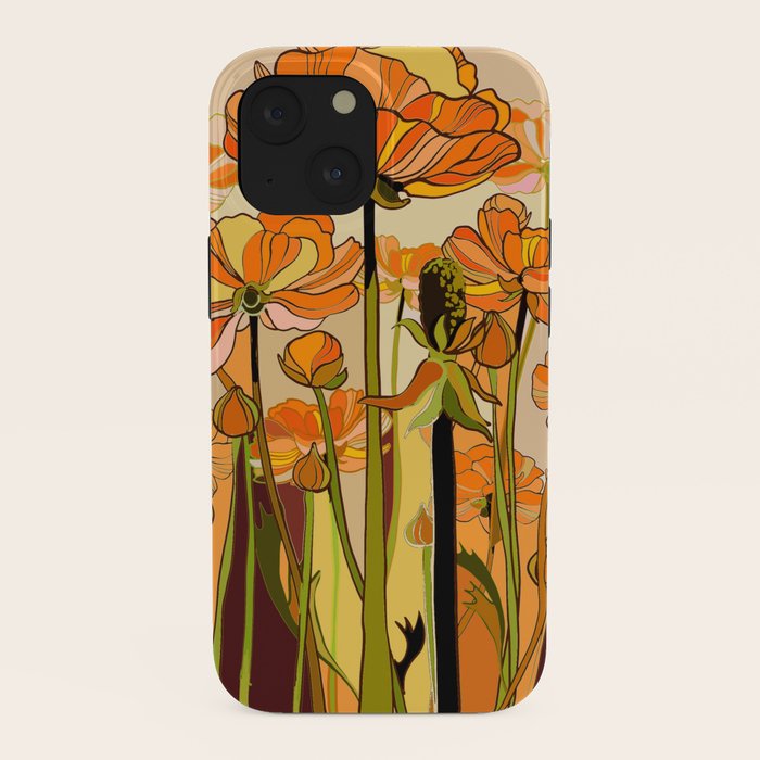 70s, Orange California poppies, mid century, 70s retro, flowers iPhone Case
