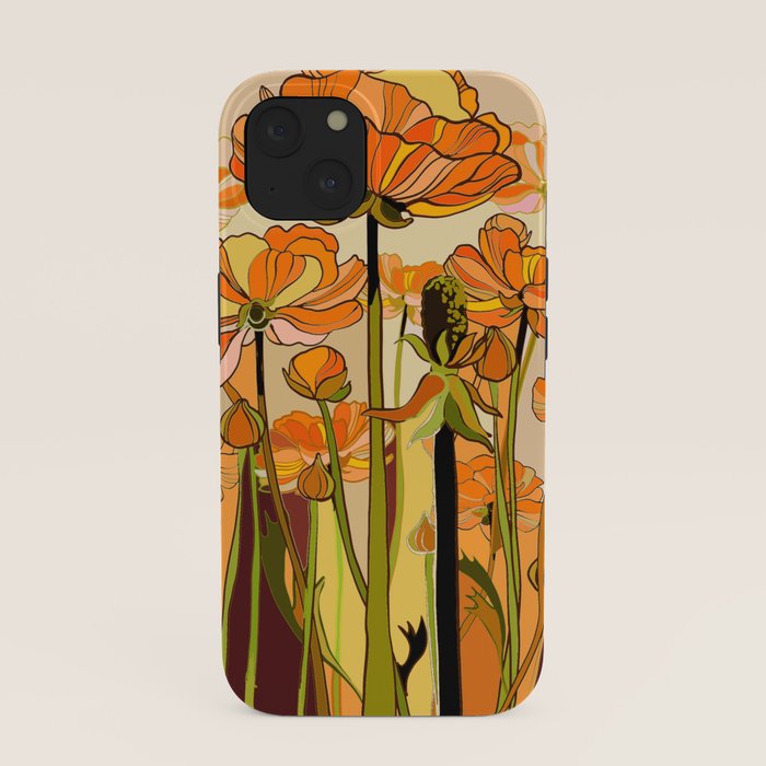 70s, Orange California poppies, mid century, 70s retro, flowers iPhone Case