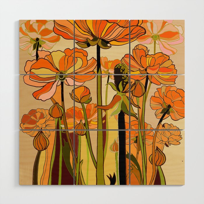 70s, Orange California poppies, mid century, 70s retro, flowers Wood Wall Art