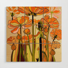 70s, Orange California poppies, mid century, 70s retro, flowers Wood Wall Art