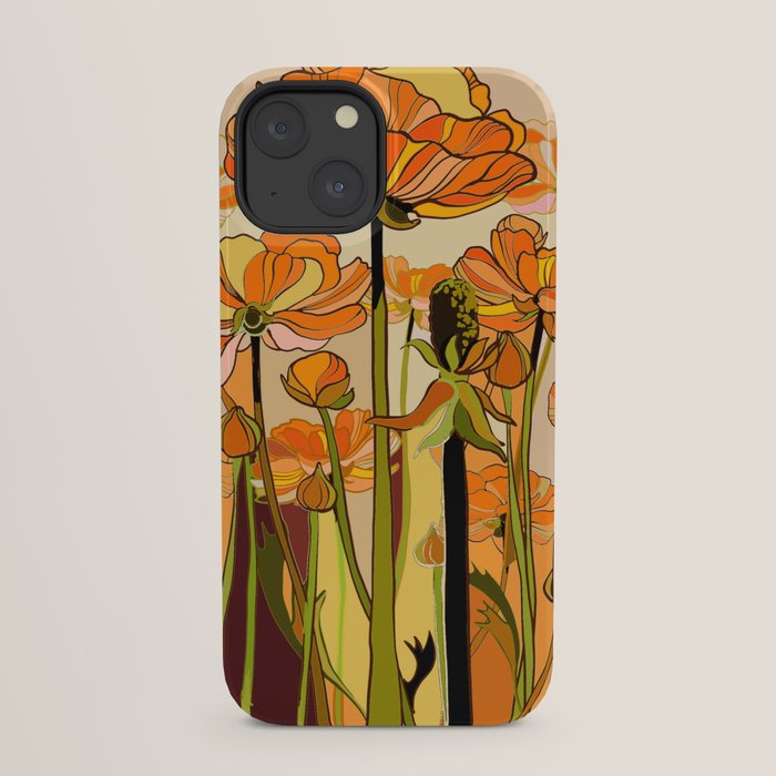 70s, Orange California poppies, mid century, 70s retro, flowers iPhone Case