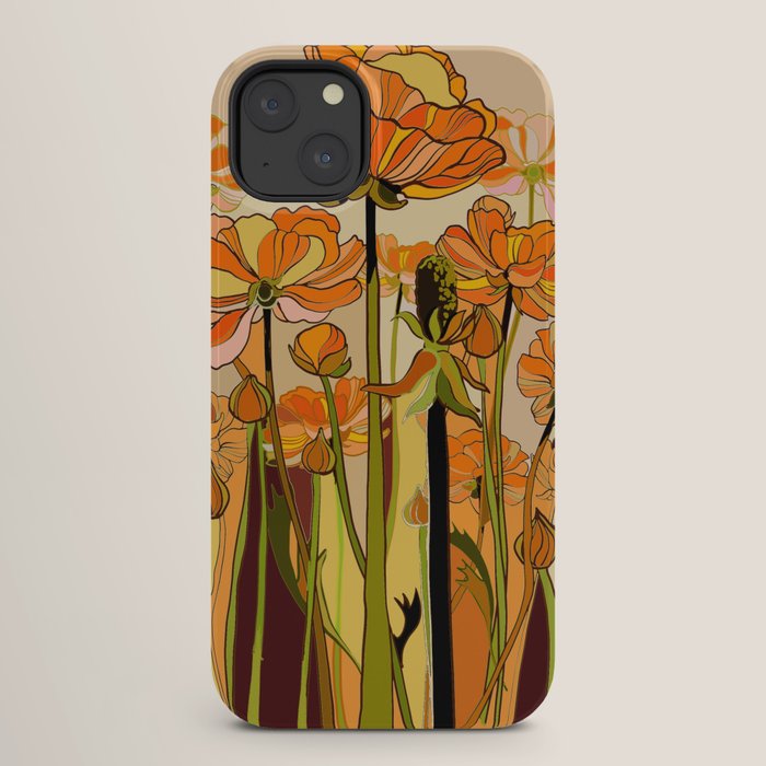 70s, Orange California poppies, mid century, 70s retro, flowers iPhone Case