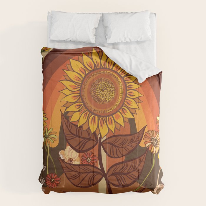 70s, Sunflower, retro, rainbow, warm colors, 60s, boho Comforter