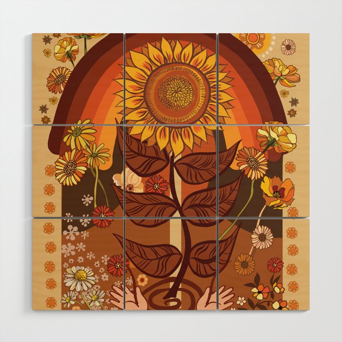 70s, Sunflower, retro, rainbow, warm colors, 60s, boho Wood Wall Art