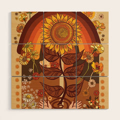 70s, Sunflower, retro, rainbow, warm colors, 60s, boho Wood Wall Art