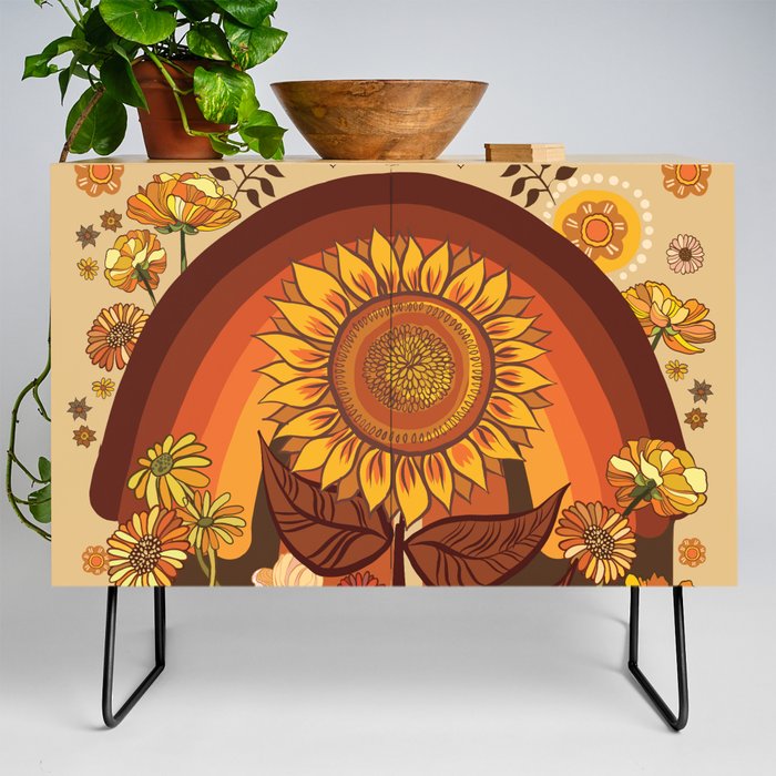 70s, Sunflower, retro, rainbow, warm colors, 60s, boho Credenza