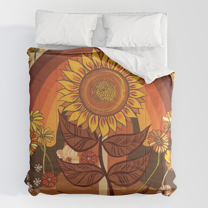 70s, Sunflower, retro, rainbow, warm colors, 60s, boho Comforter