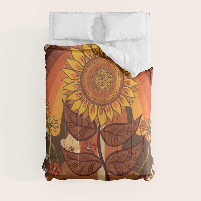 70s, Sunflower, retro, rainbow, warm colors, 60s, boho Comforter