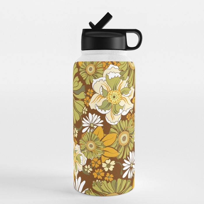 70s Retro Flower Power boho pattern Water Bottle