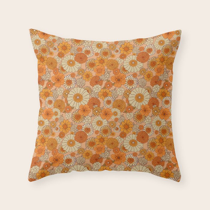 70s retro vintage daisies, flowers, orange, peach Throw Pillow