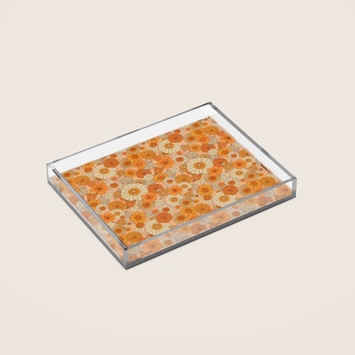 70s retro vintage daisies, flowers, orange, peach Acrylic Tray