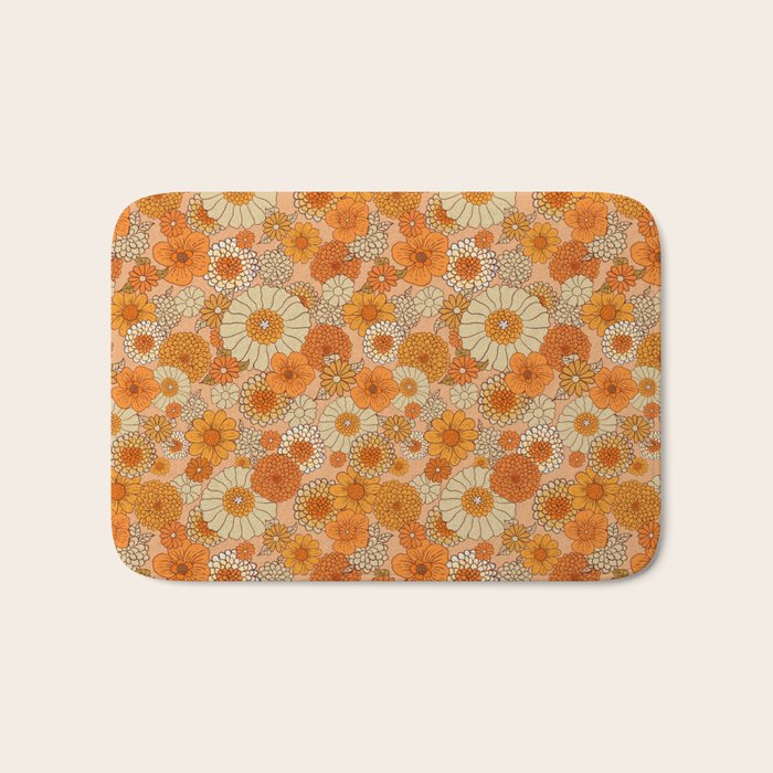 70s retro vintage daisies, flowers, orange, peach Bath Mat