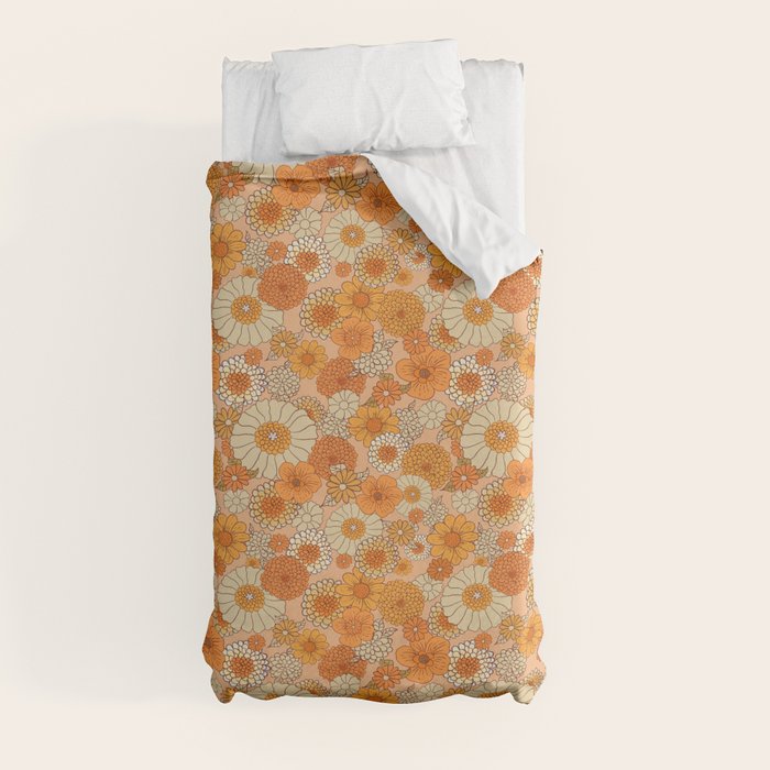 70s retro vintage daisies, flowers, orange, peach Duvet Cover