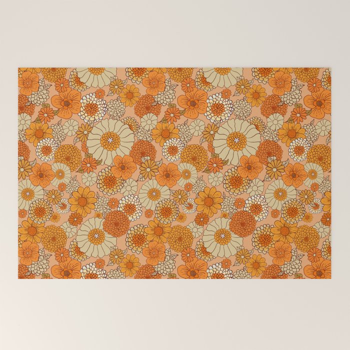 70s retro vintage daisies, flowers, orange, peach Welcome Mat