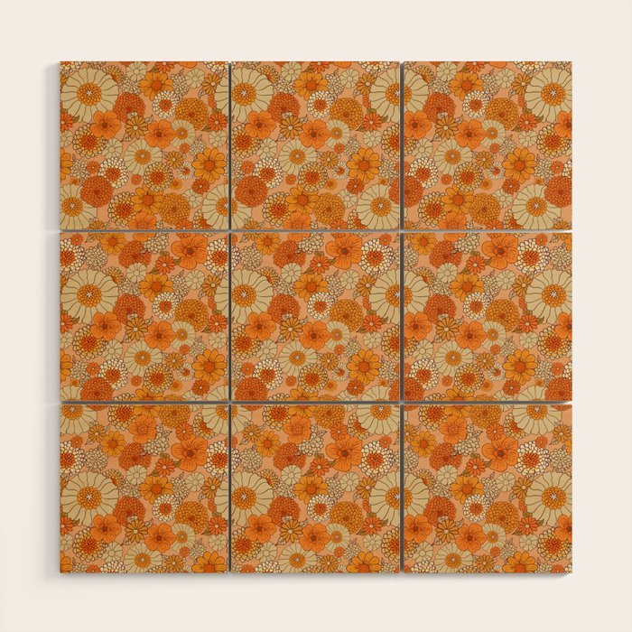 70s retro vintage daisies, flowers, orange, peach Wood Wall Art