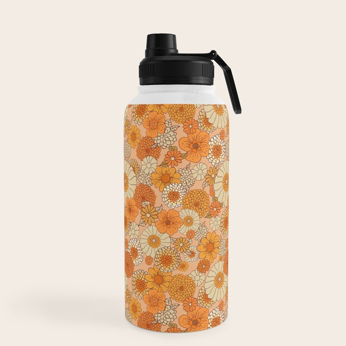 70s retro vintage daisies, flowers, orange, peach Water Bottle