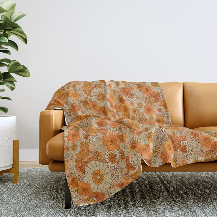 70s retro vintage daisies, flowers, orange, peach Throw Blanket