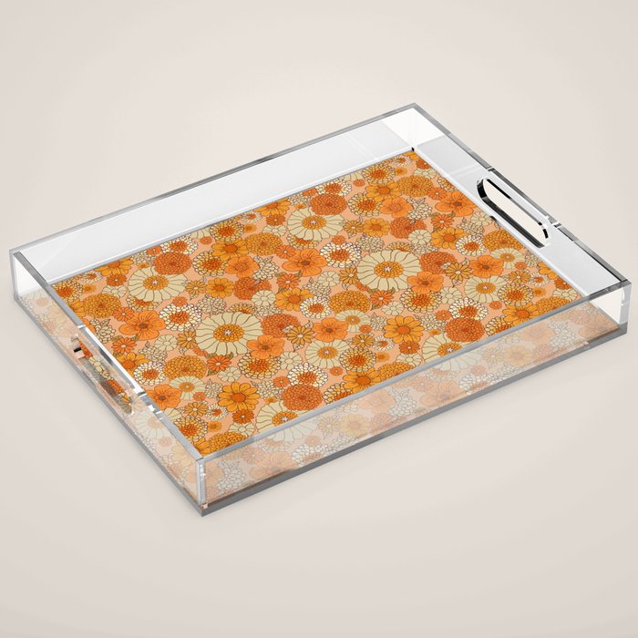 70s retro vintage daisies, flowers, orange, peach Acrylic Tray