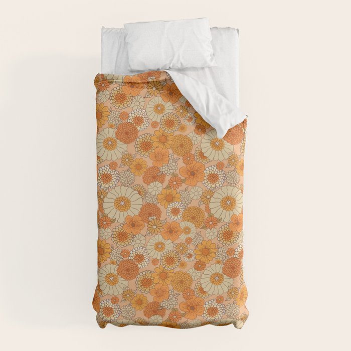 70s retro vintage daisies, flowers, orange, peach Duvet Cover