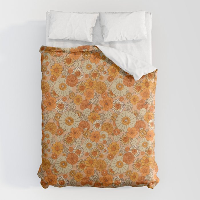 70s retro vintage daisies, flowers, orange, peach Duvet Cover
