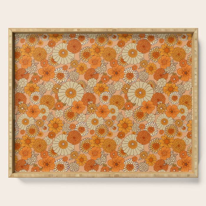 70s retro vintage daisies, flowers, orange, peach Serving Tray