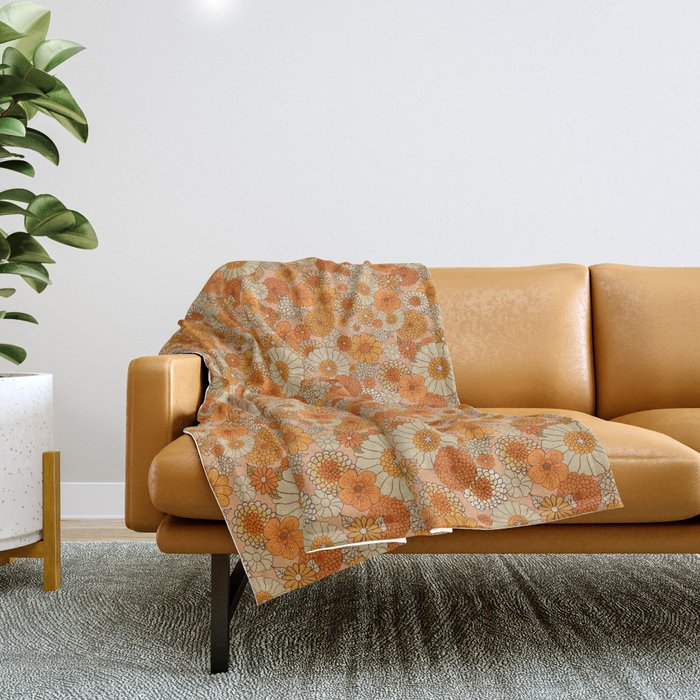 70s retro vintage daisies, flowers, orange, peach Throw Blanket
