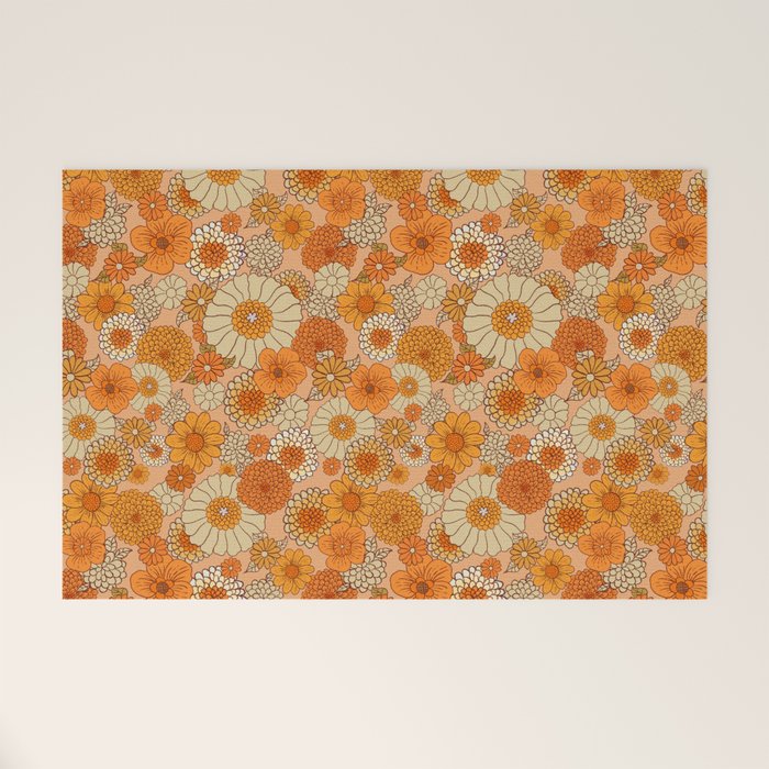 70s retro vintage daisies, flowers, orange, peach Welcome Mat